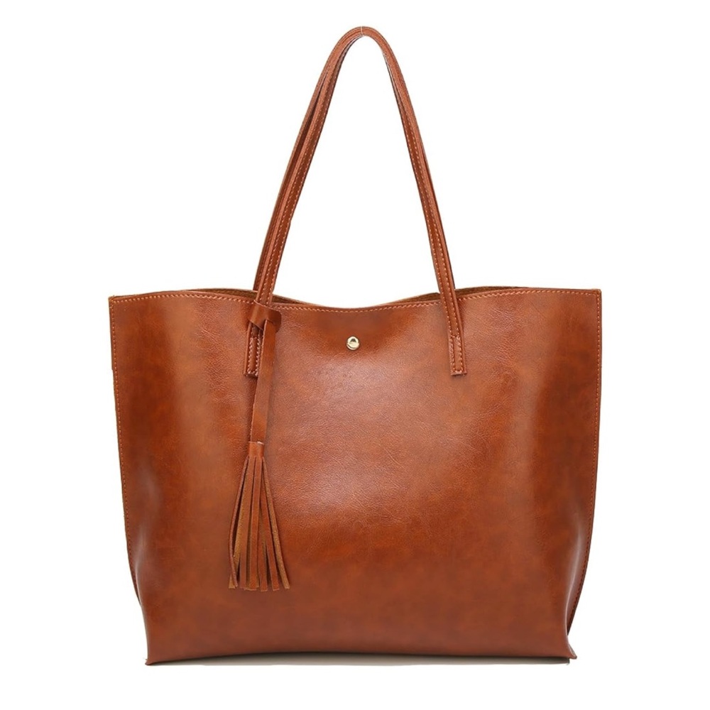 Brown Shoulder Leather Tote Tassel Bag
